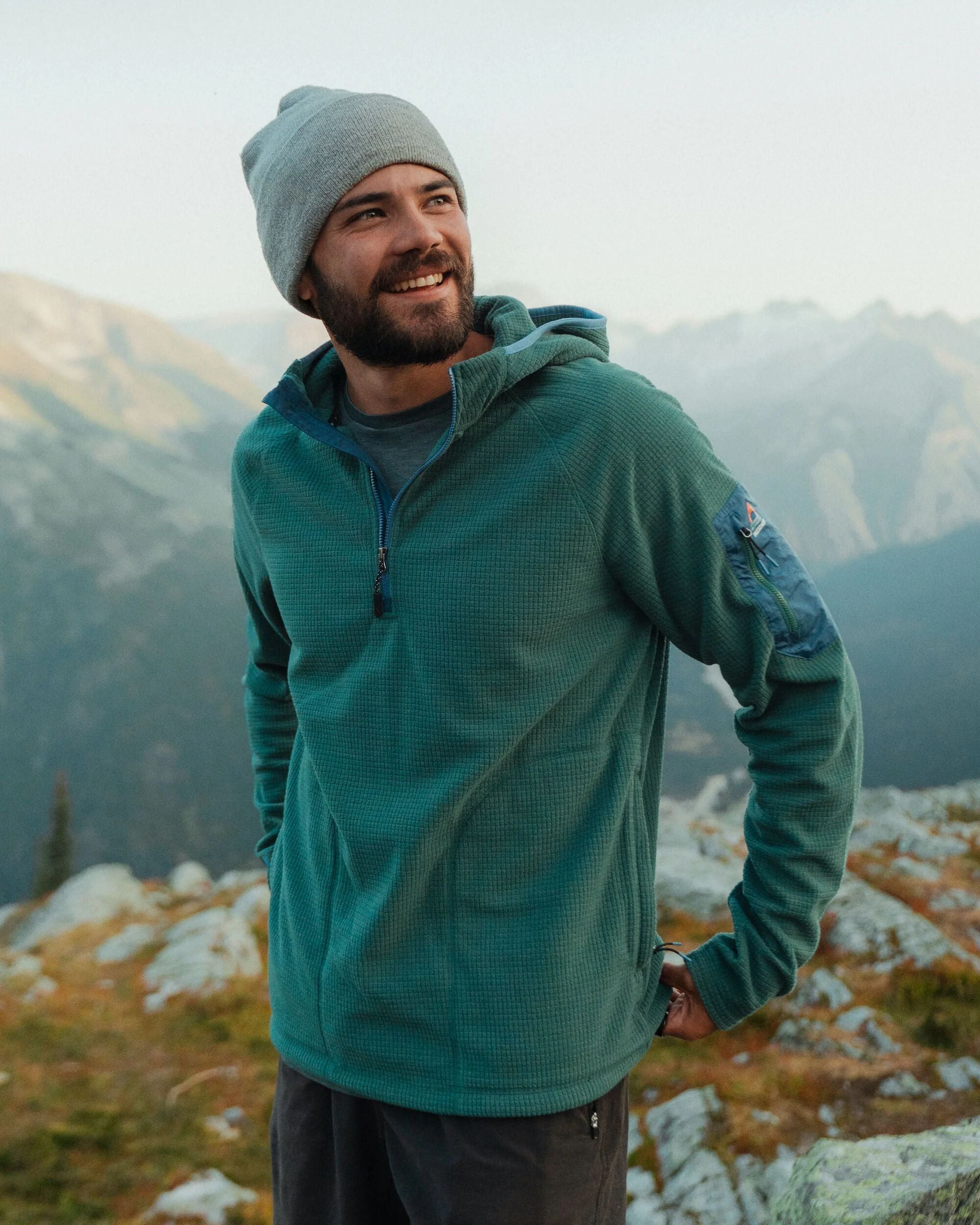 Forestscape Recycled Grid Fleece Hoodie - Deep Ocean - Lifestyle
