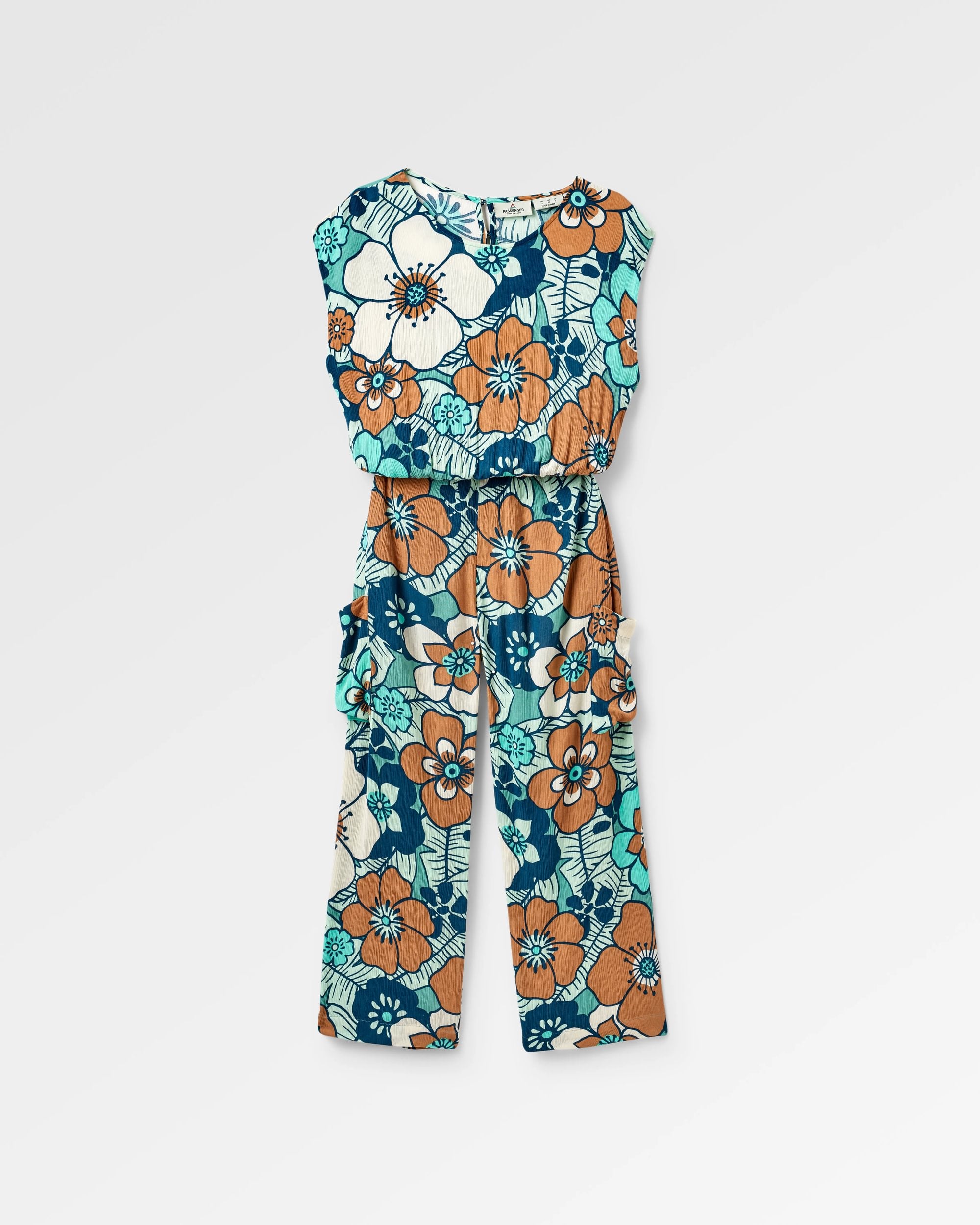 Thimbleberry Jumpsuit - Vintage Floral Aqua - Flatlay