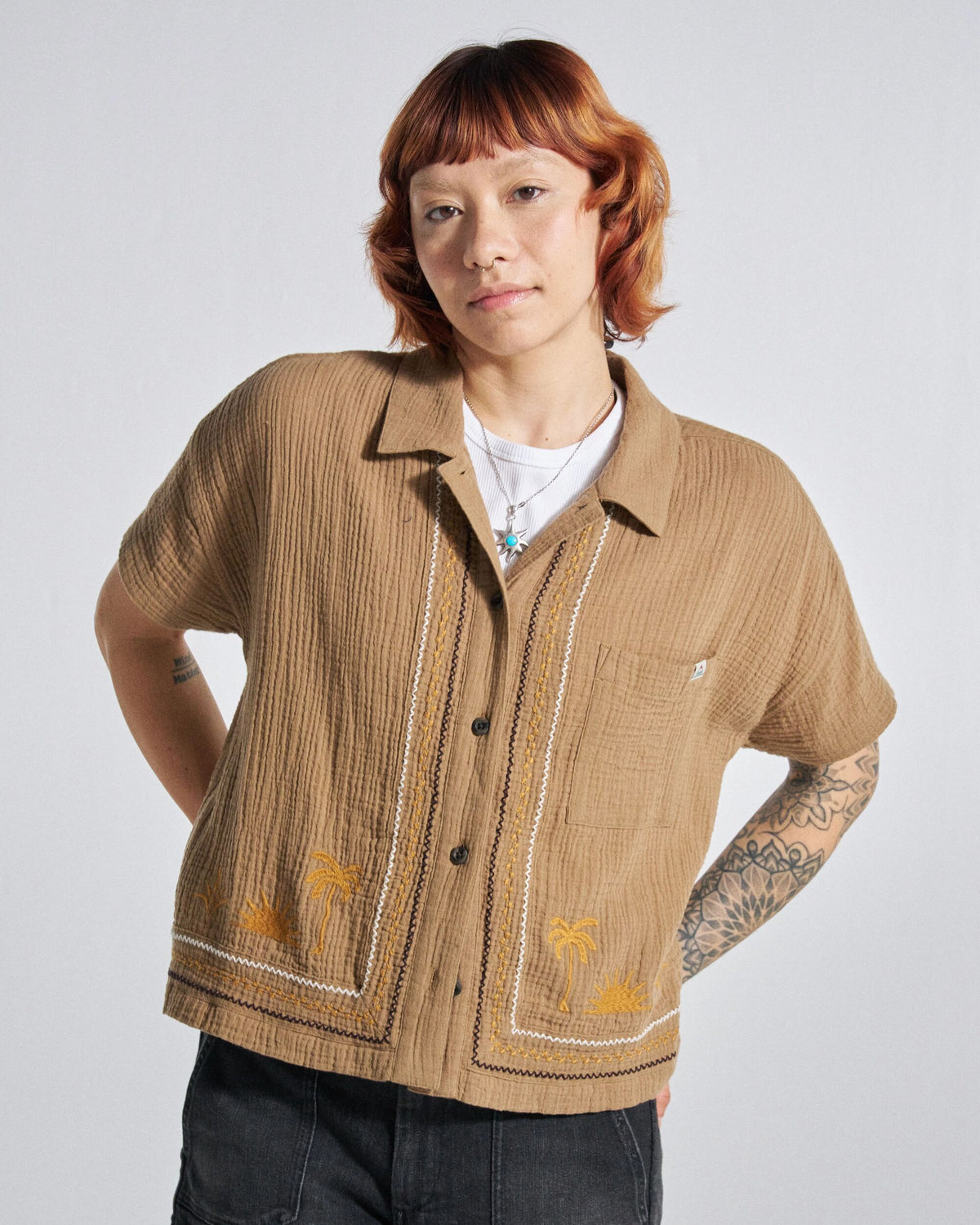 Waveney Short Sleeve Cotton Shirt - Caramel Brown - Studio Model