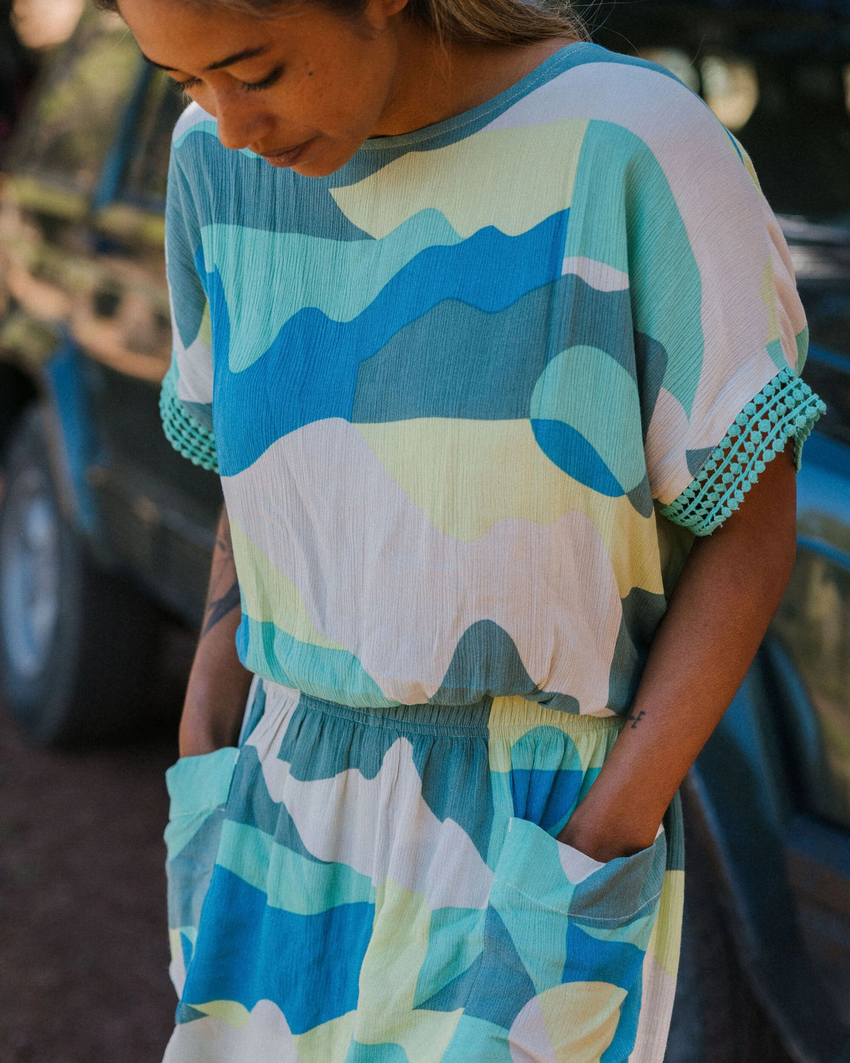 Clarity Short Skort Dress - Vista Patchwork Aqua - Lifestyle