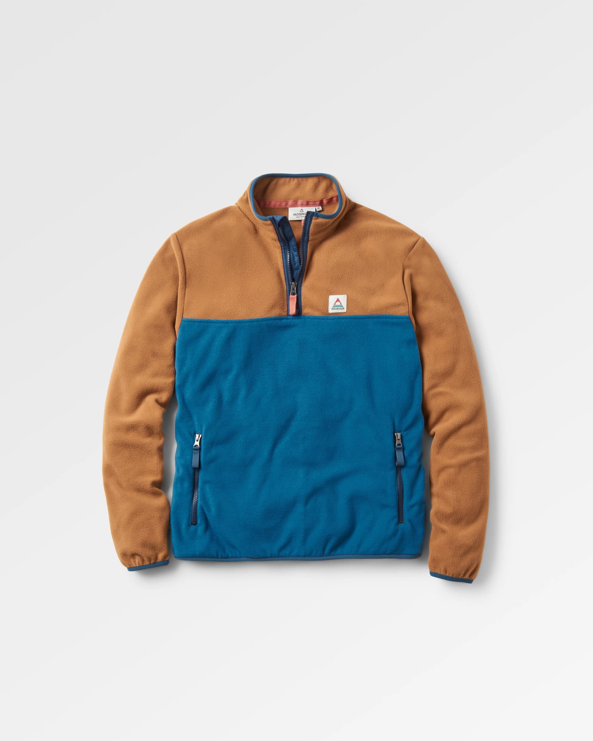 Set Off Recycled Polar 1/4 Zip Fleece - Toffee/Blue Steel - Flatlay