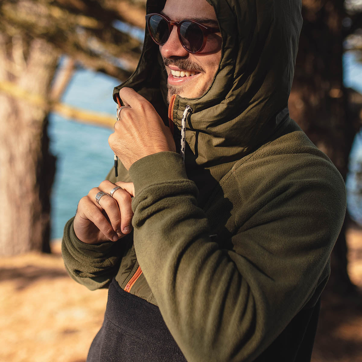 Woodland Hooded 1/2 Zip Polar Fleece - True Black/ Khaki - Lifestyle