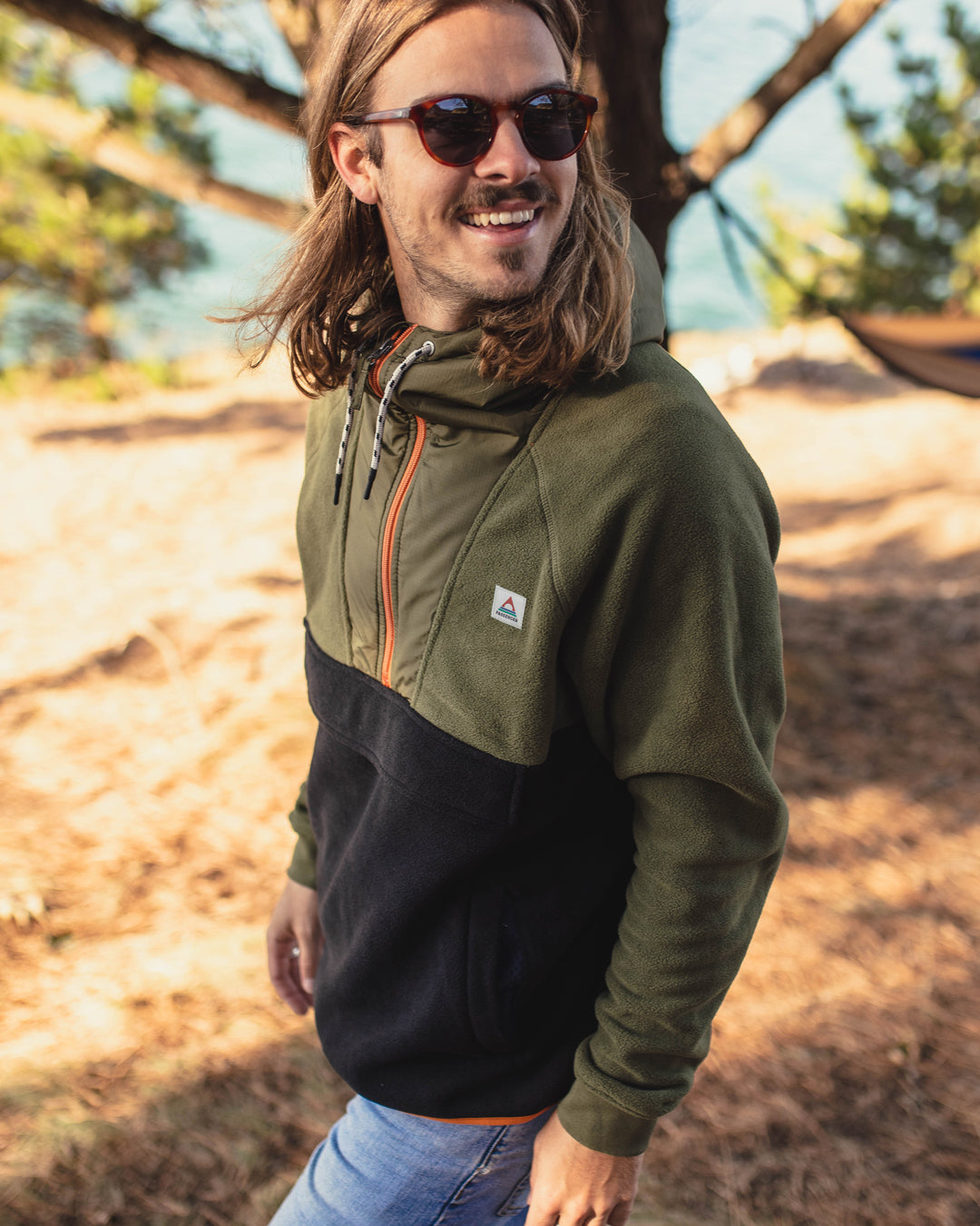 Woodland Hooded 1/2 Zip Polar Fleece - True Black/ Khaki - Lifestyle
