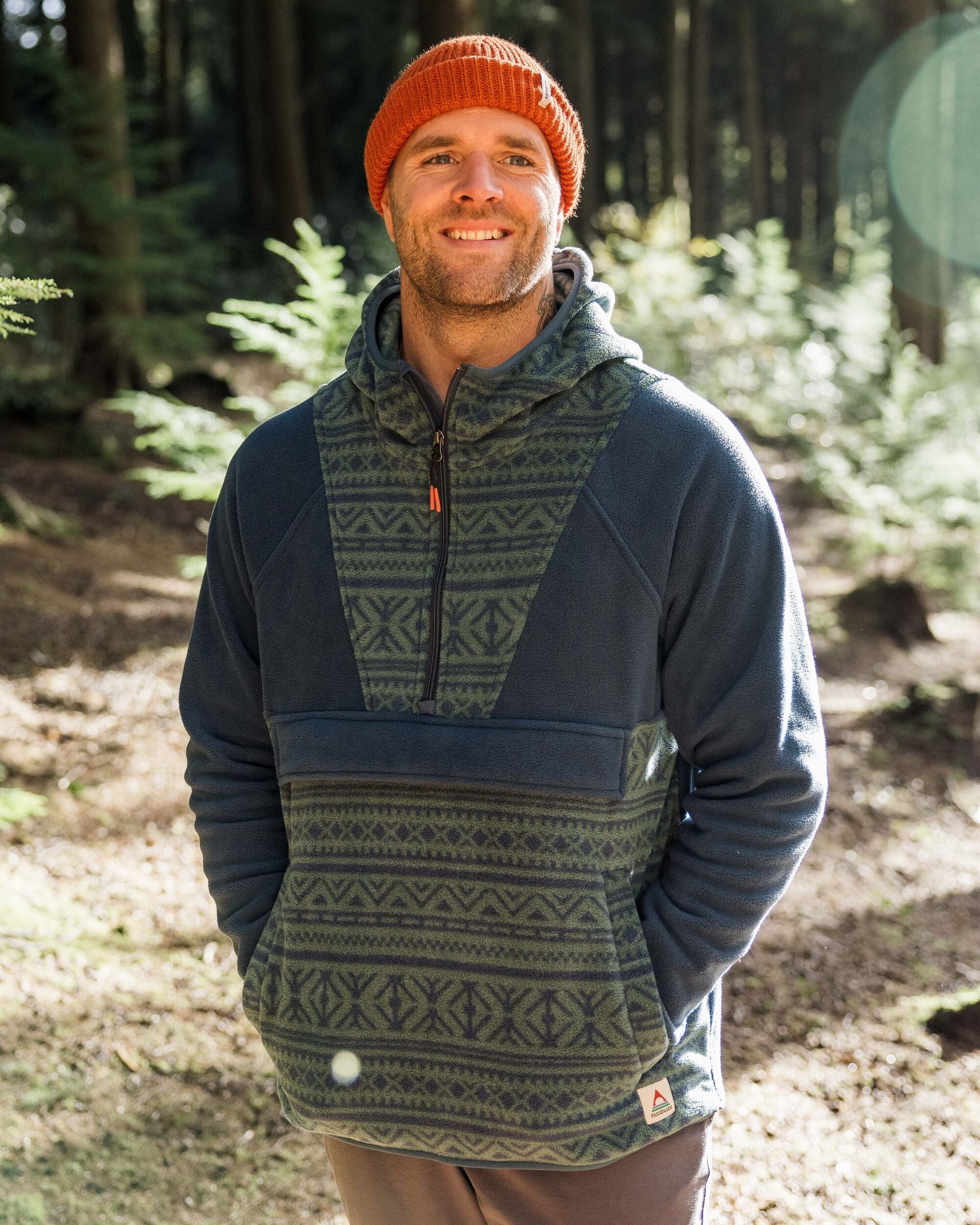 Edge Hooded 1/2 Zip Polar Fleece - Nordic Geo Deep Ocean - Lifestyle