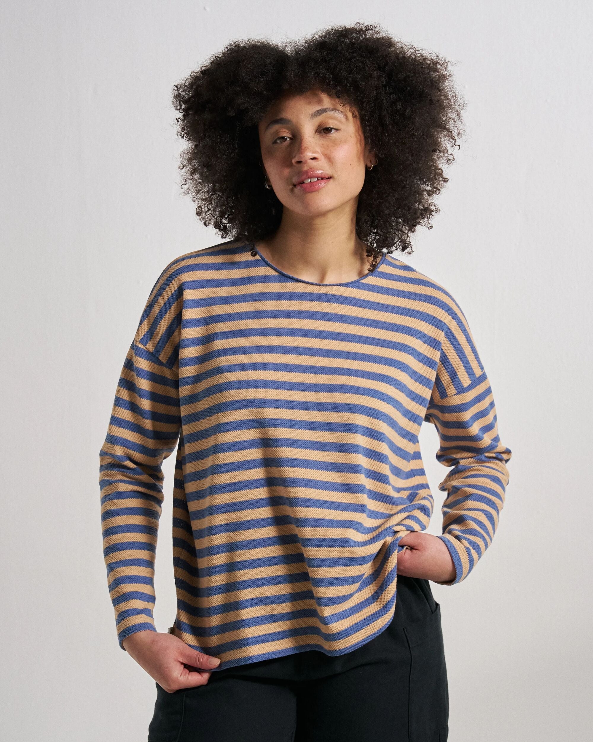 Panorama Striped LS T-Shirt - Faded Denim/Orange Peach Stripe - Studio Model