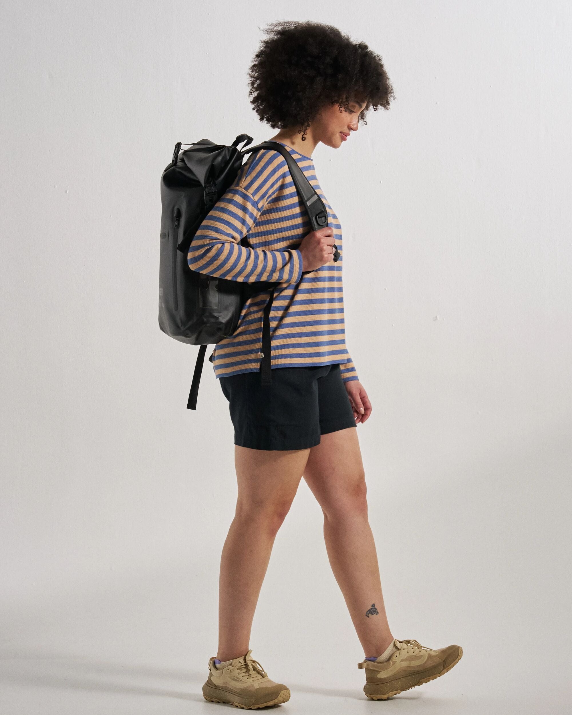 Panorama Striped LS T-Shirt - Faded Denim/Orange Peach Stripe - Studio Model