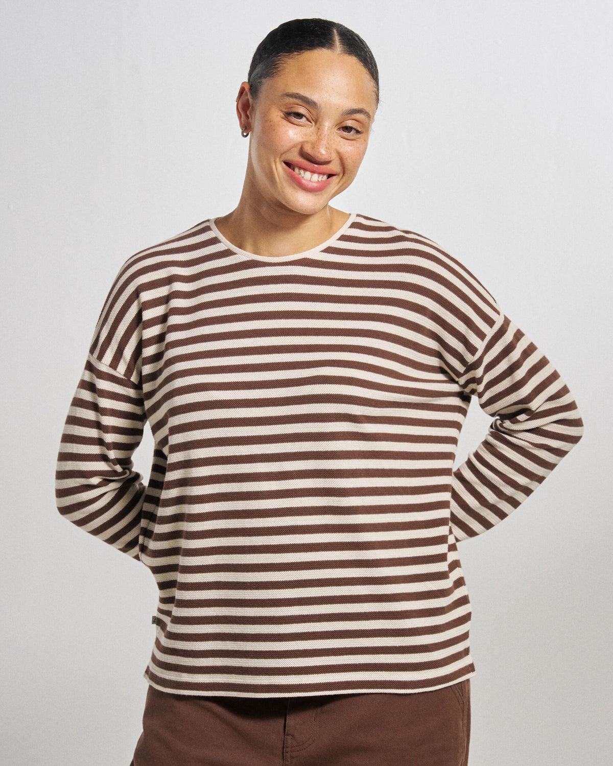 Panorama Striped LS T-Shirt - Chestnut - Studio Model