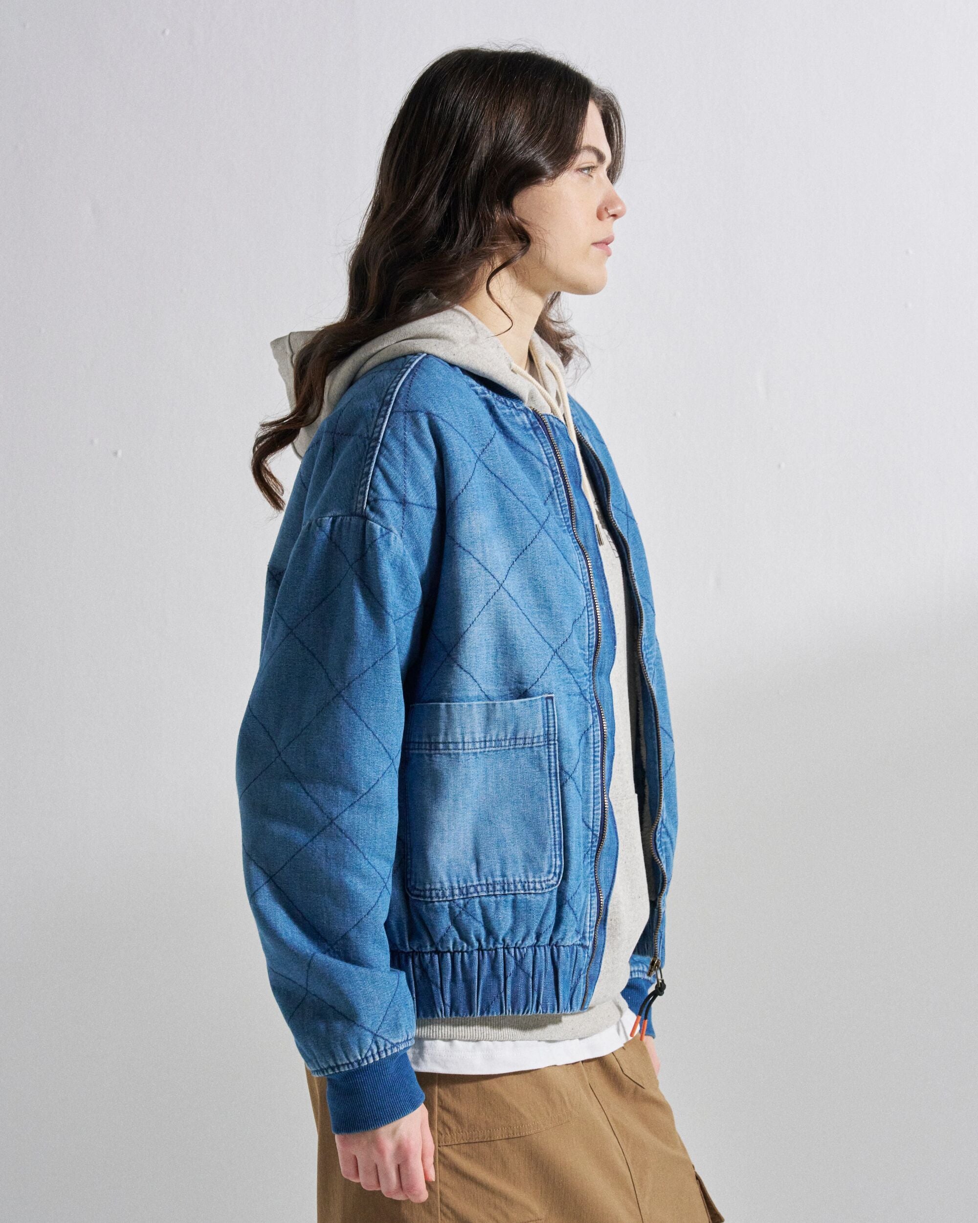 Lucia Sherpa Lined Bomber Jacket - Denim Blue - Studio Model