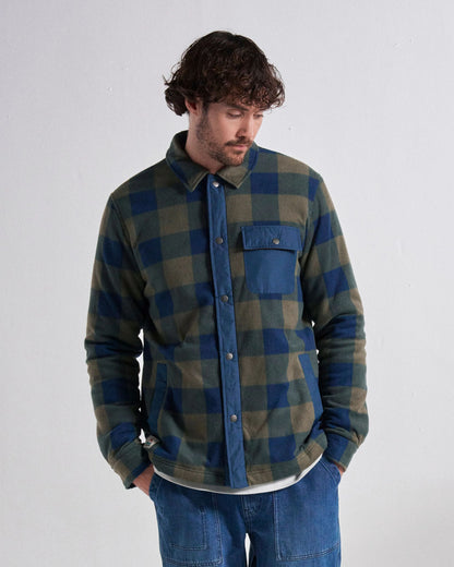 Firelight Sherpa Lined Overshirt - Dusty Olive/Dark Denim Check  - Studio Model