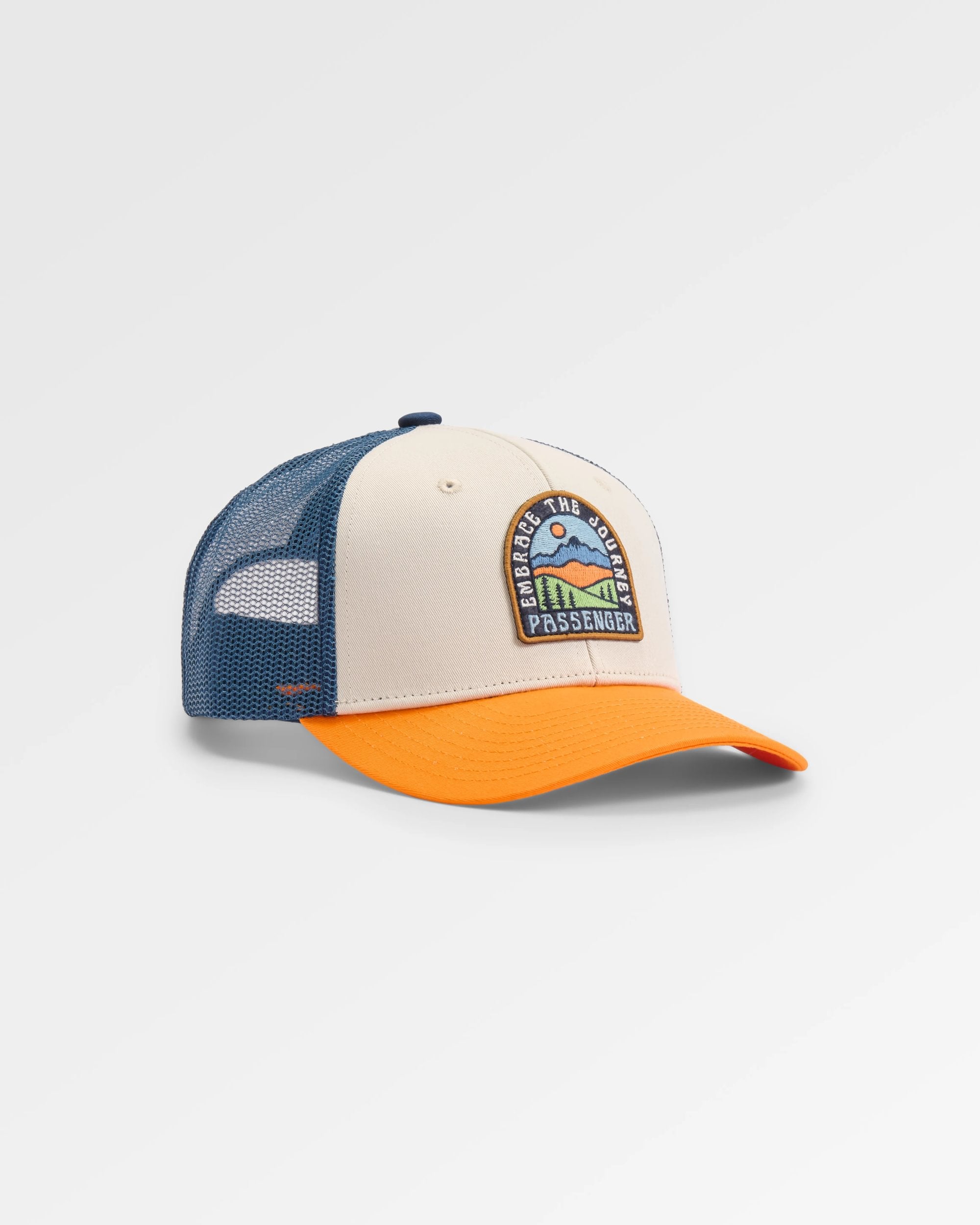 Outlook Organic Cotton Trucker Cap - Dark Denim/Bright Orange - Flatlay