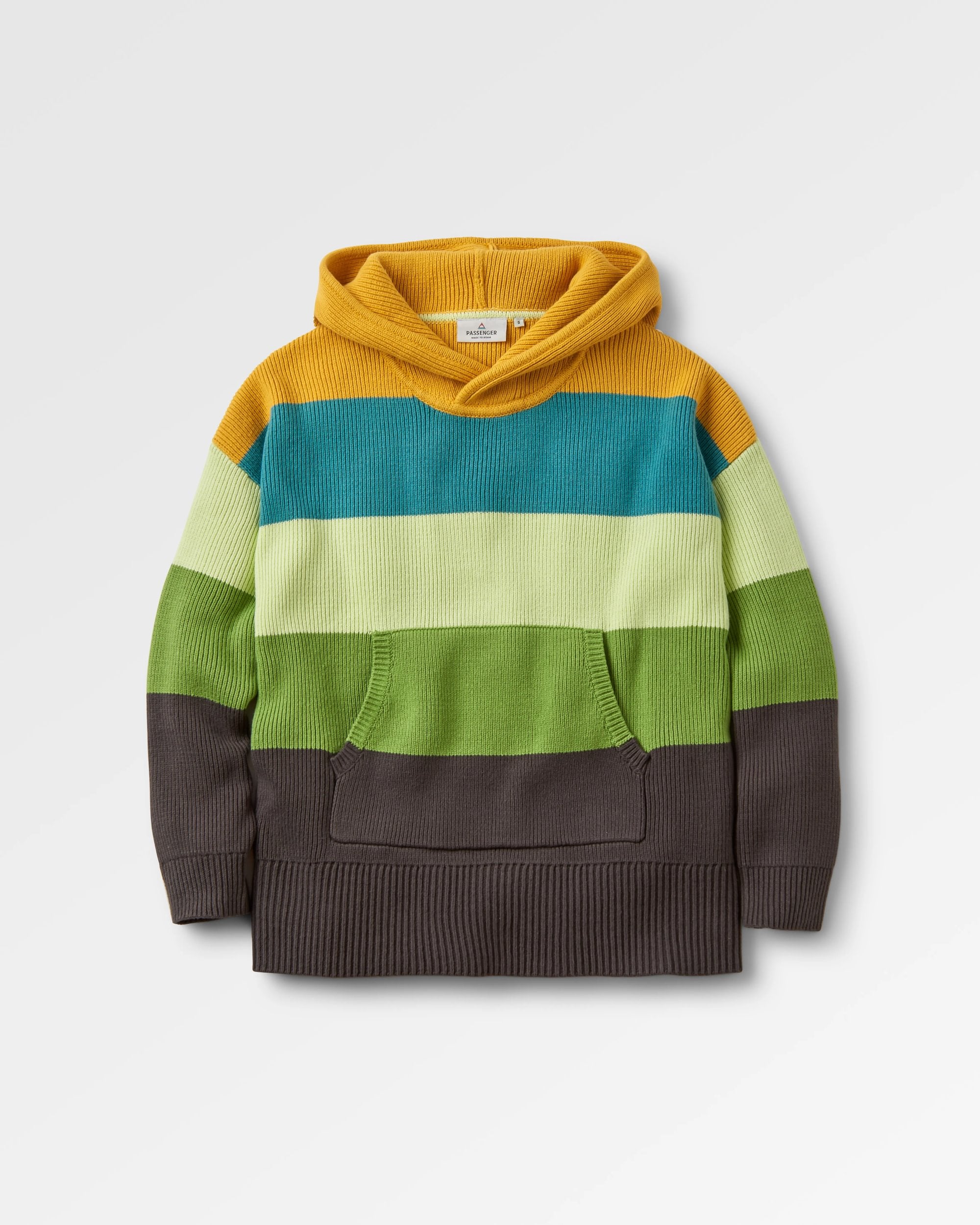 Moments Oversized Organic Knitted Hoodie - Mustard Yellow Multi Stripe - Flatlay