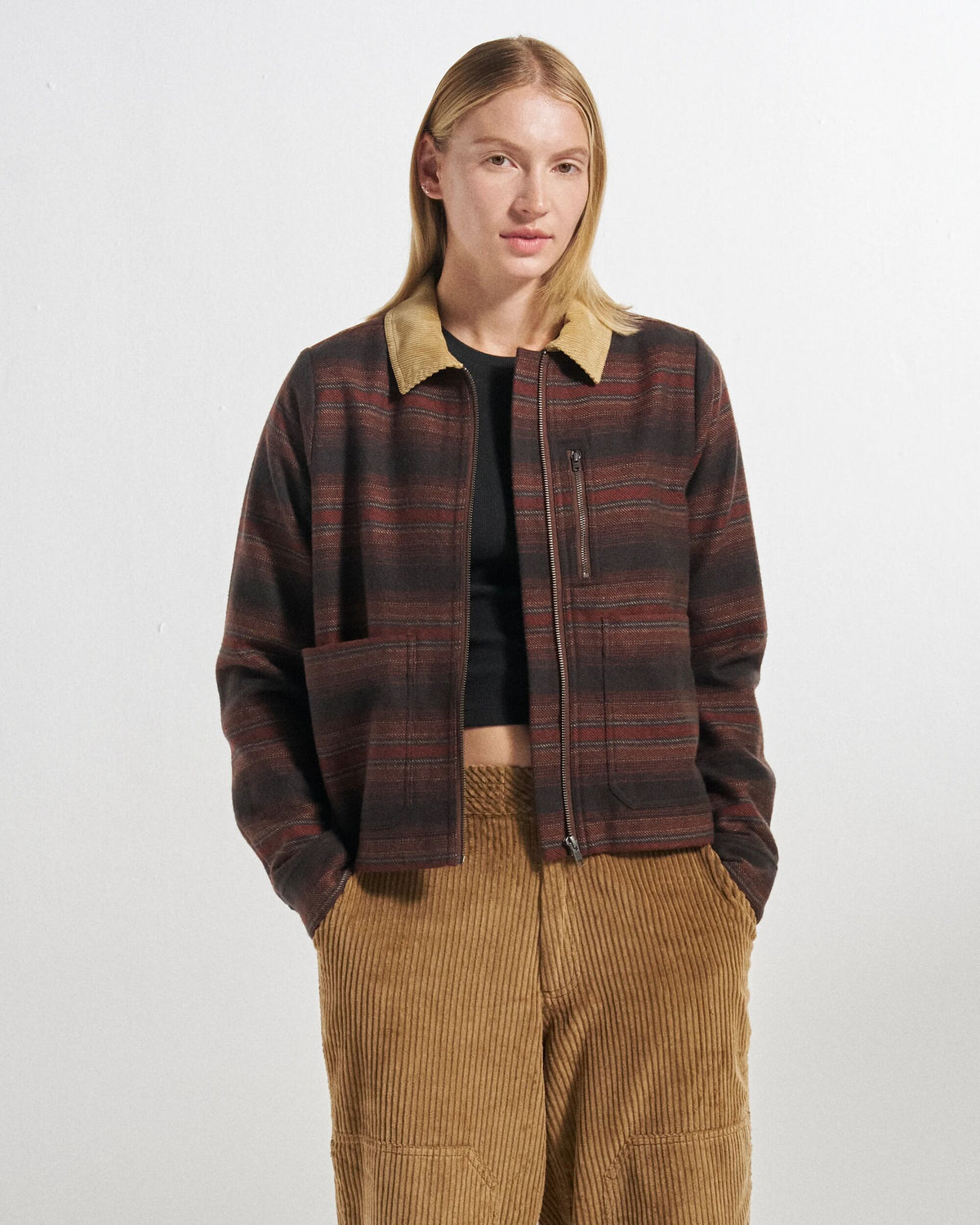 Bramble Overshirt - Dark Rust Stripe - Studio Model