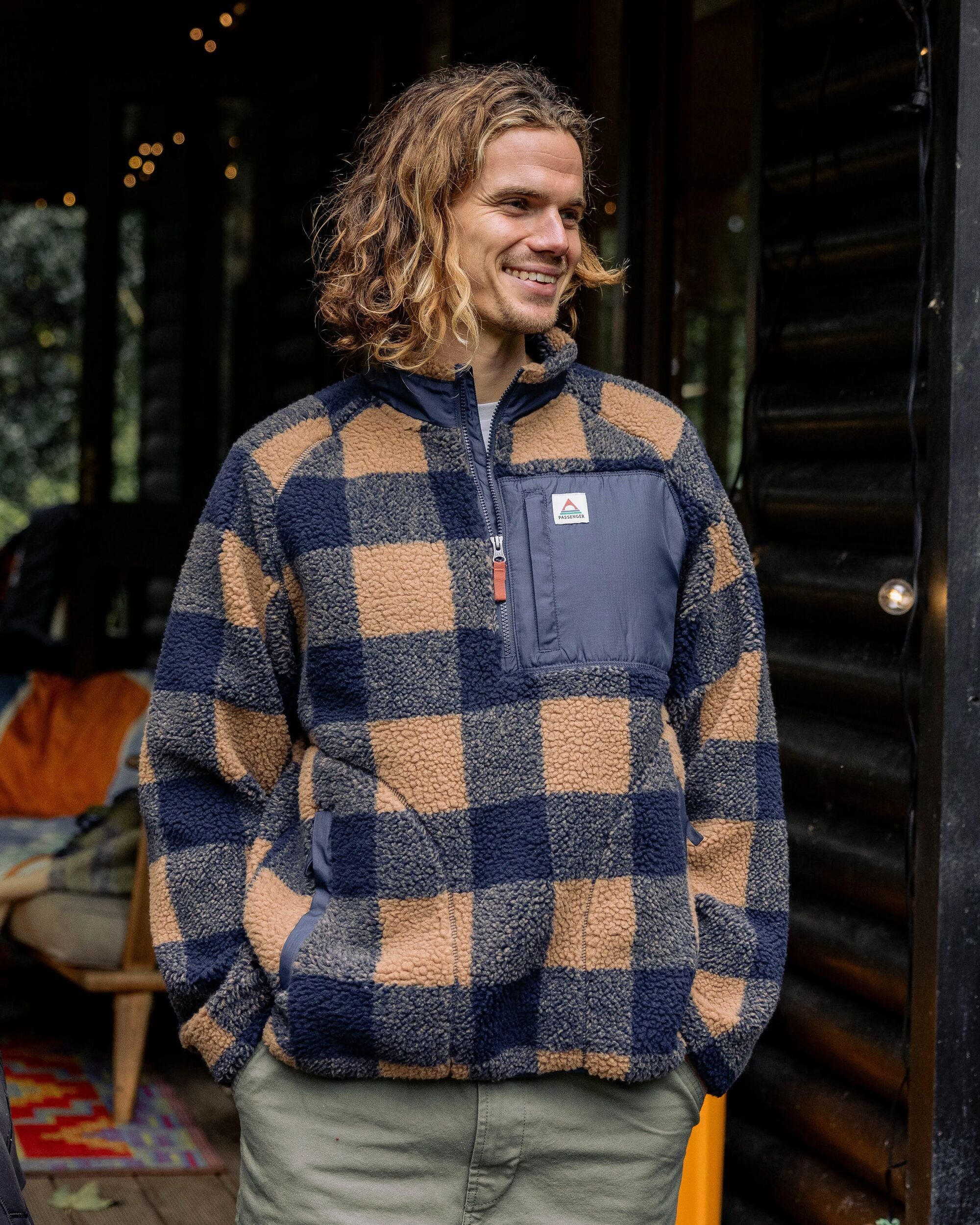 Offroad Recycled Sherpa 1/2 Zip Fleece - Toffee/Rich Navy Buffalo - Lifestyle