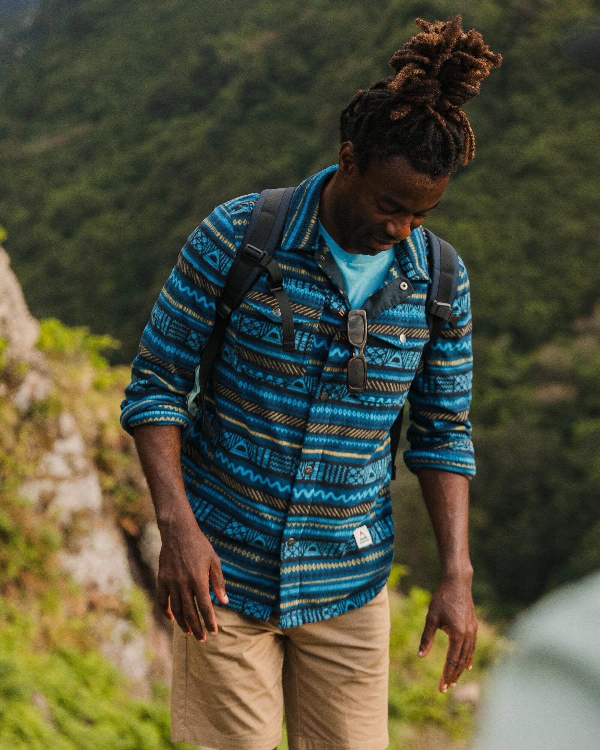 Maple Polar Recycled Fleece Shirt - Patchwork Stripe Tidal Blue - Lifestyle