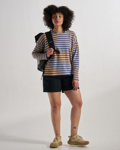 Panorama Striped LS T-Shirt - Faded Denim/Orange Peach Stripe - Studio Model