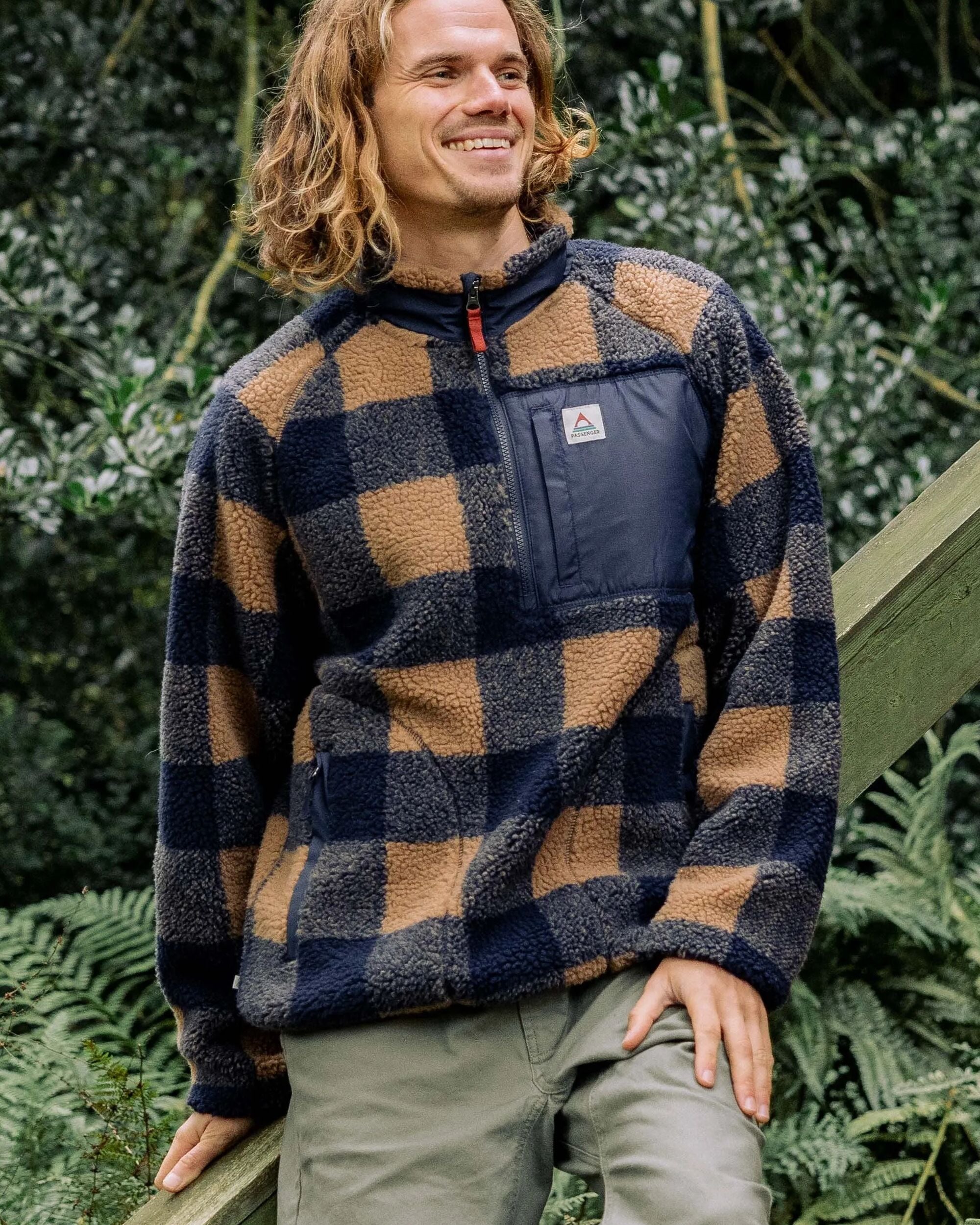 Offroad Recycled Sherpa 1/2 Zip Fleece - Toffee/Rich Navy Buffalo - Lifestyle