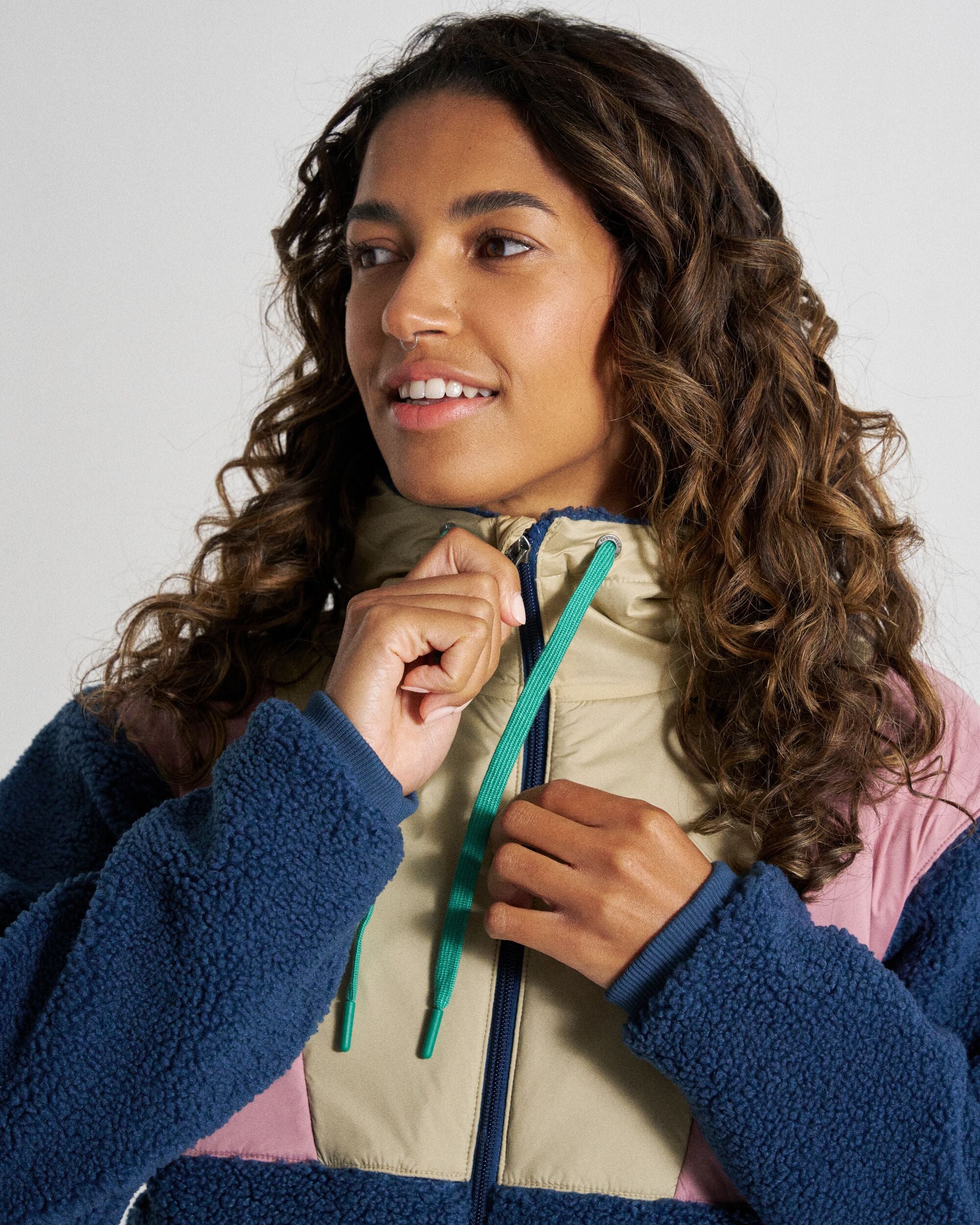 Joy Full Zip Hooded Sherpa Fleece - Dark Denim/Feather - Studio Model