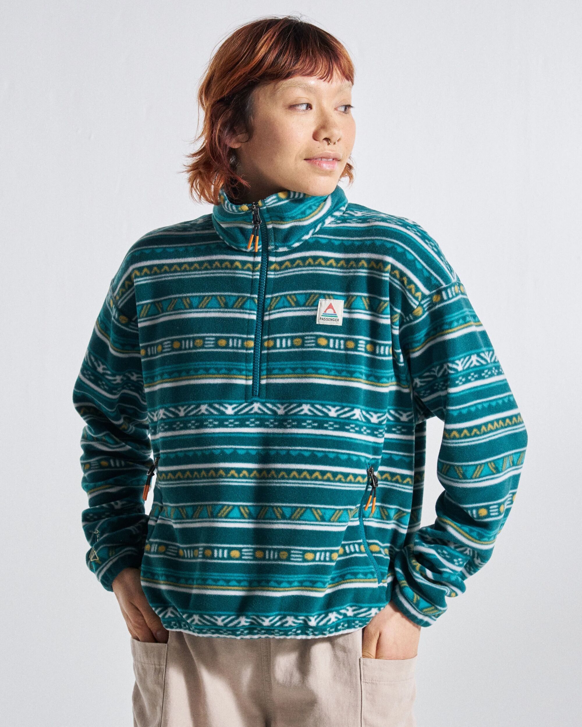 Ayla Micro Polartec® Fleece - Geo Stripe Mediterranean - Studio Model