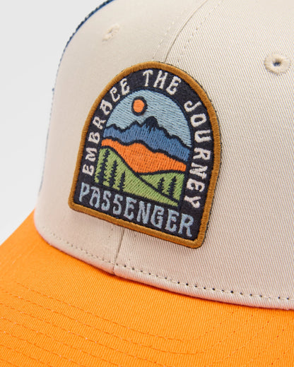 Outlook Organic Cotton Trucker Cap - Dark Denim/Bright Orange - Flatlay