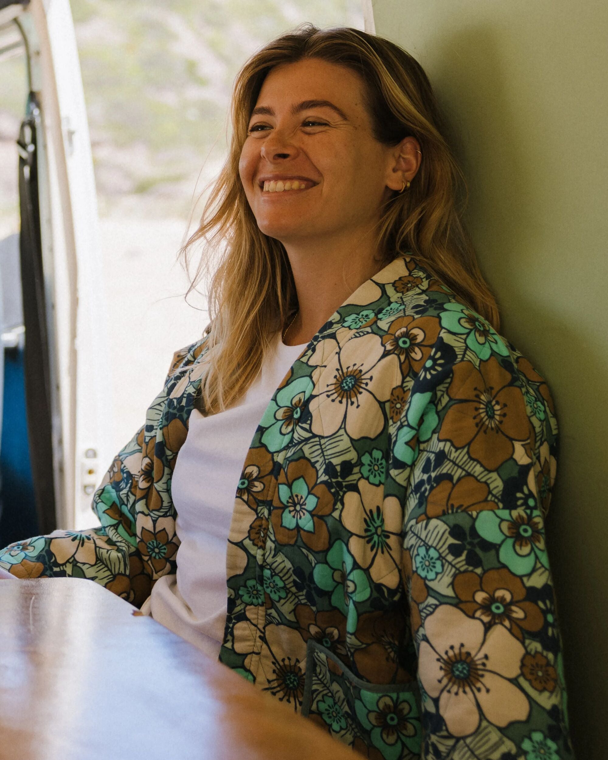 Mira Organic Cotton Quilted Overshirt - Vintage Floral Aqua - Lifestyle