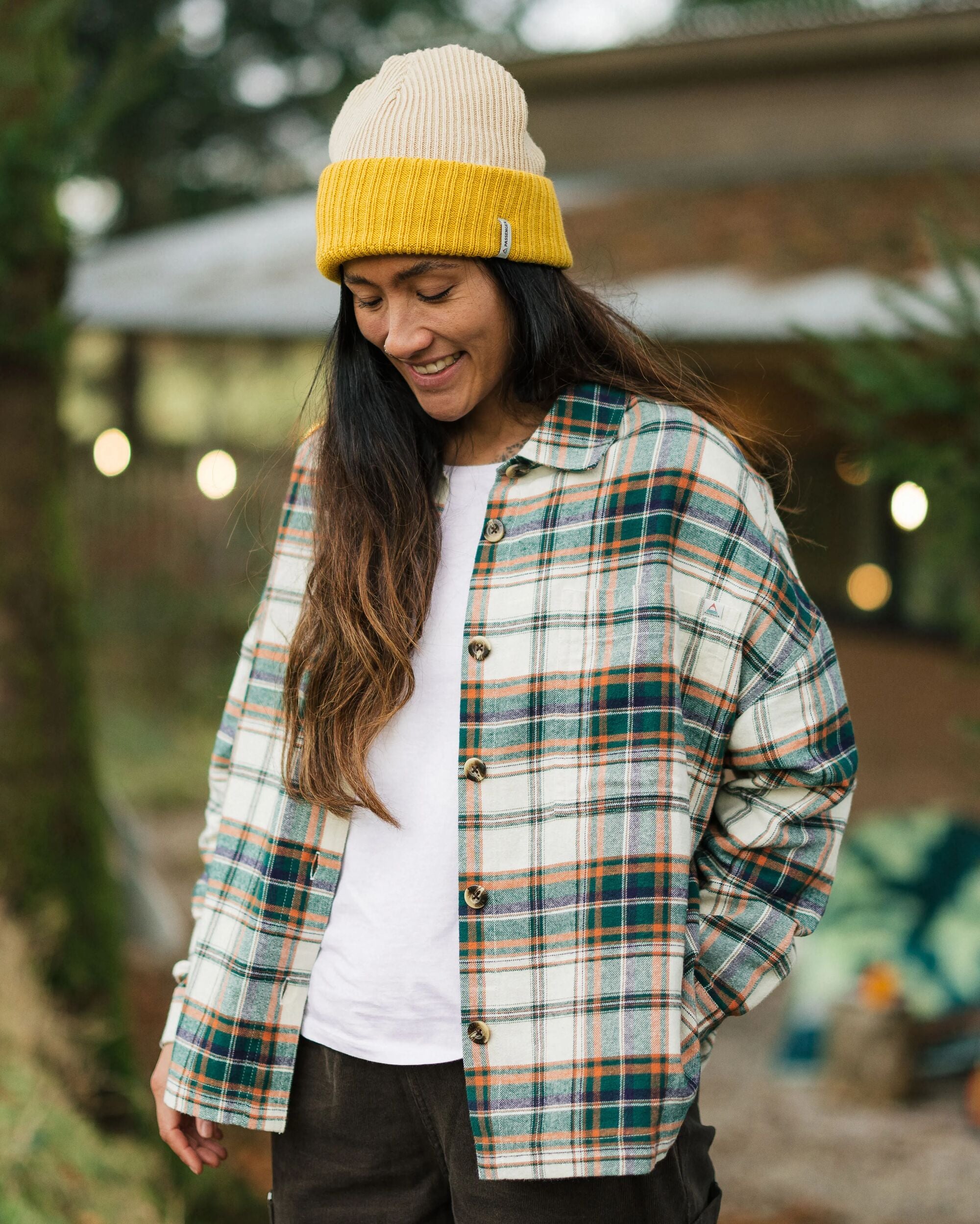 Rootsy Organic Cotton LS Shirt - Birch/Rain Forest Check - Lifestyle