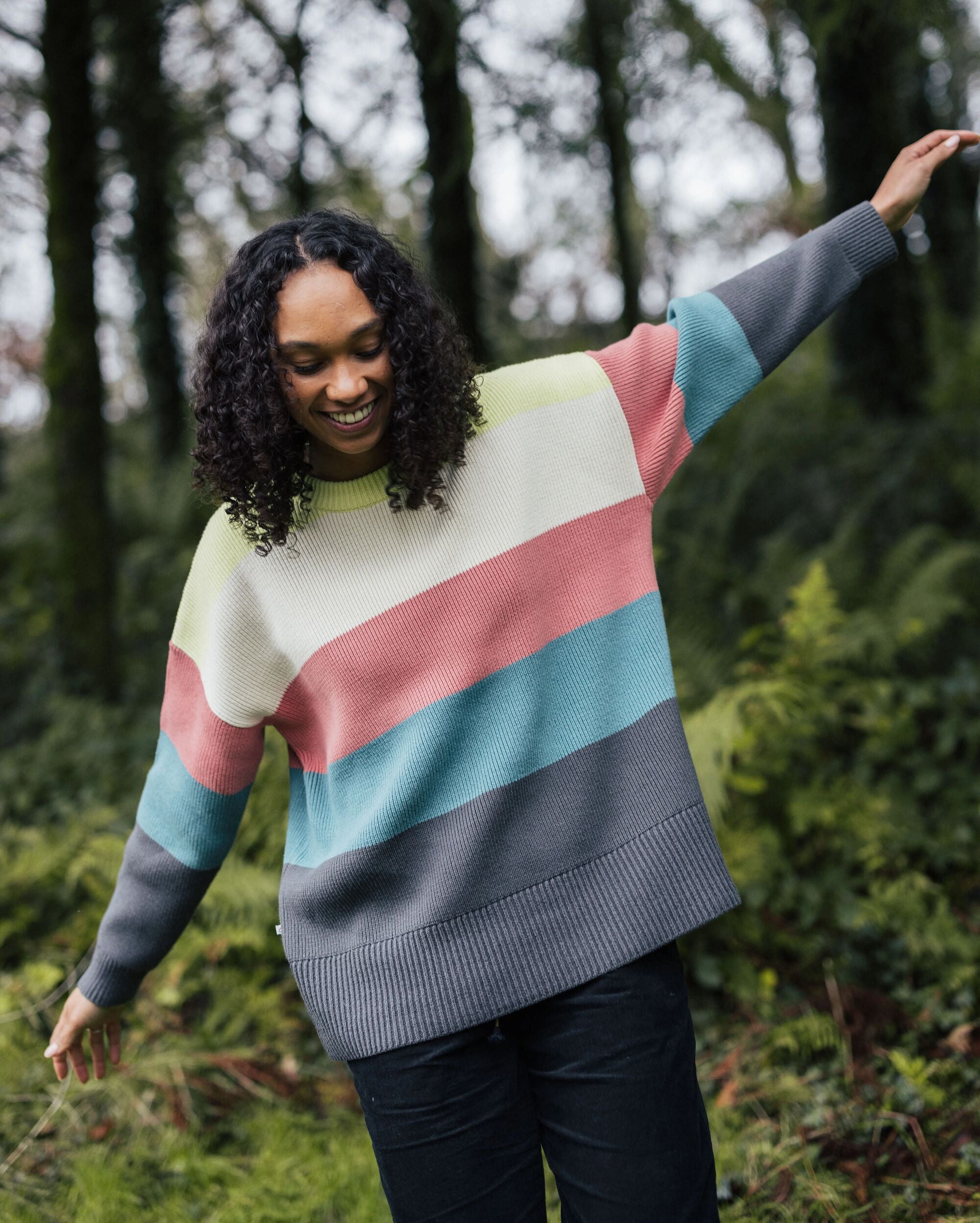 Moments Oversized Organic Knitted Jumper - Lime Multi Stripe - Lifestyle