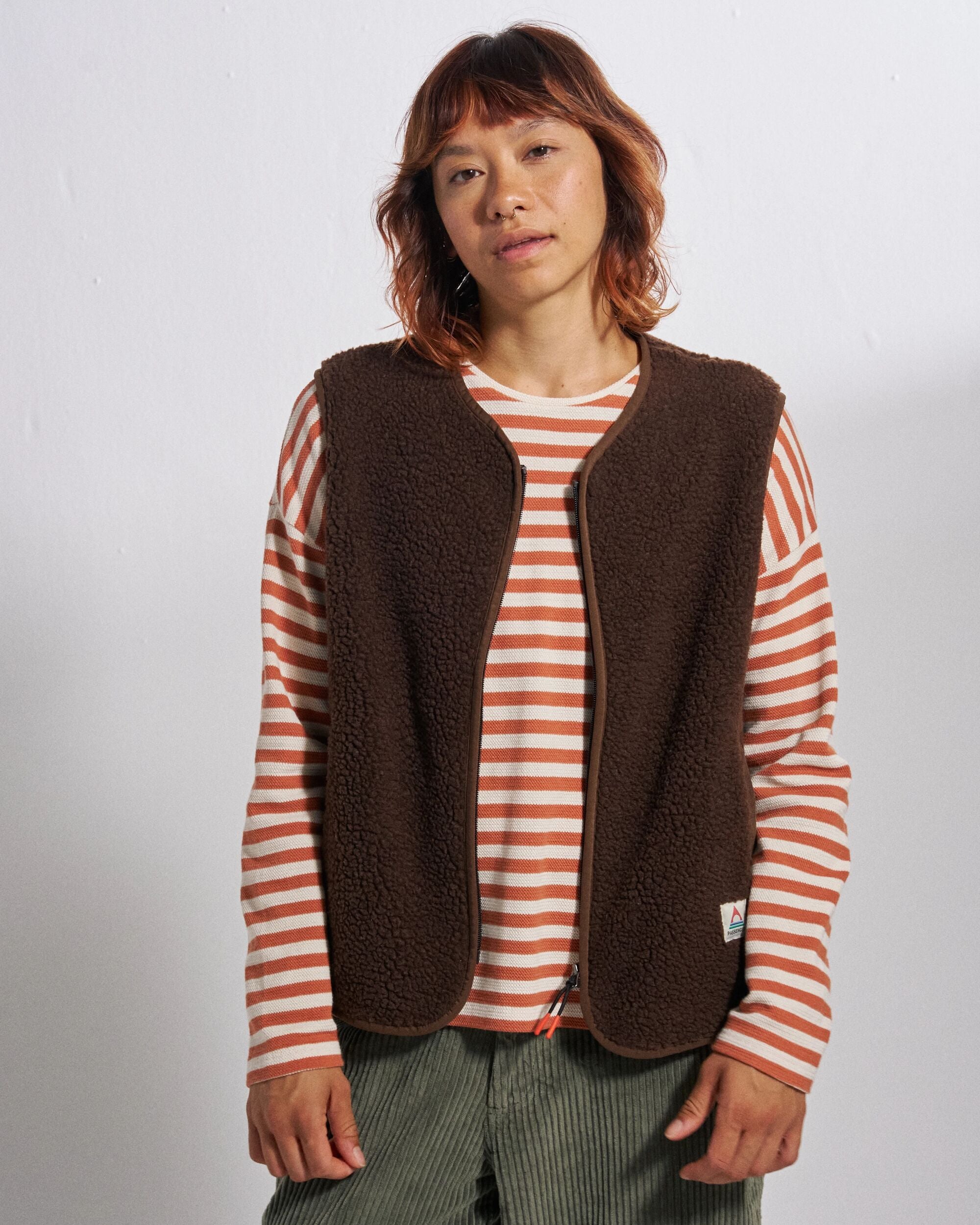 Tawny Collarless Deep-Pile Sherpa Gilet - Chestnut - Studio Model