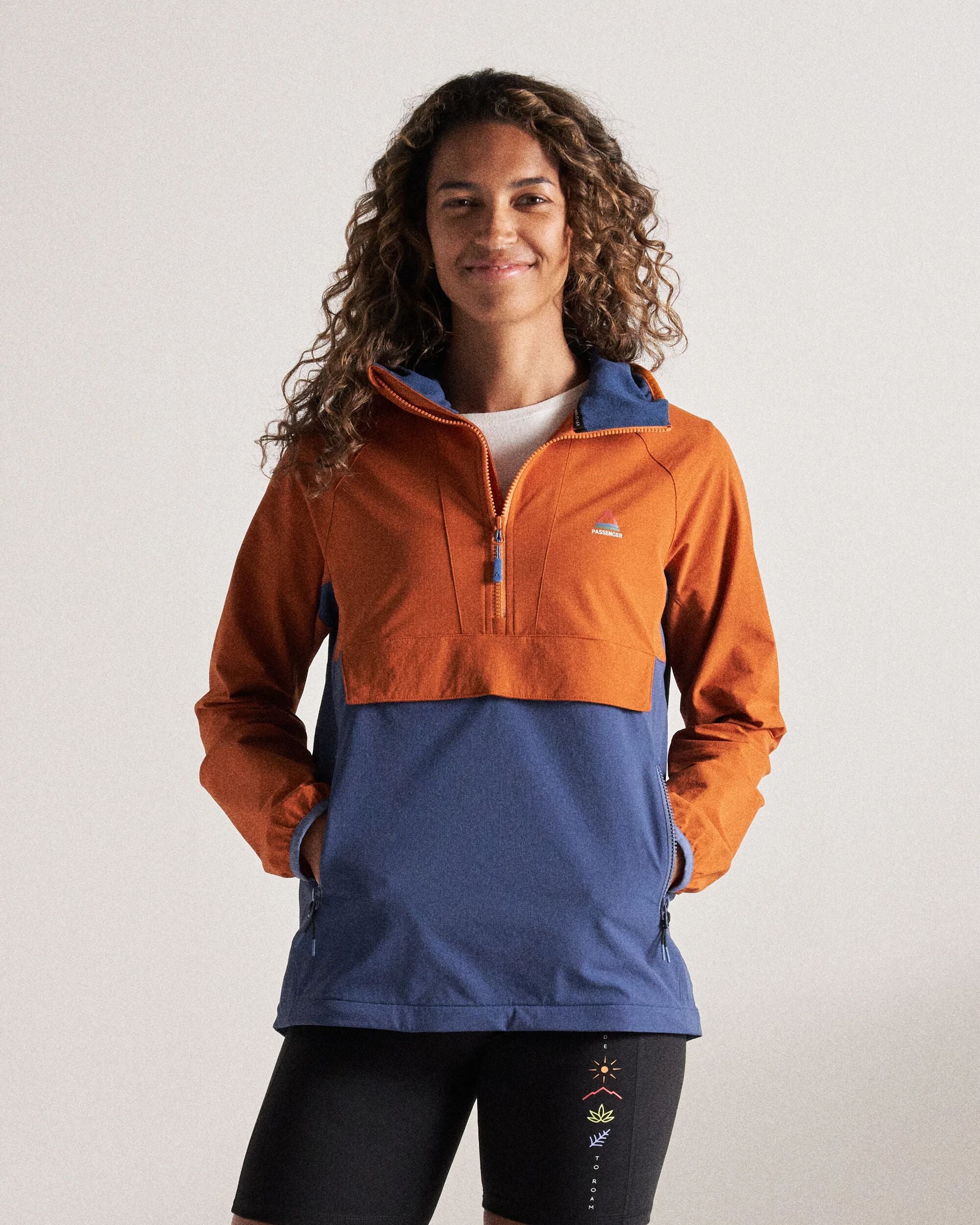 Ocean Light Recycled Softshell Anorak - Dark Denim/Sunset Orange - Studio Model
