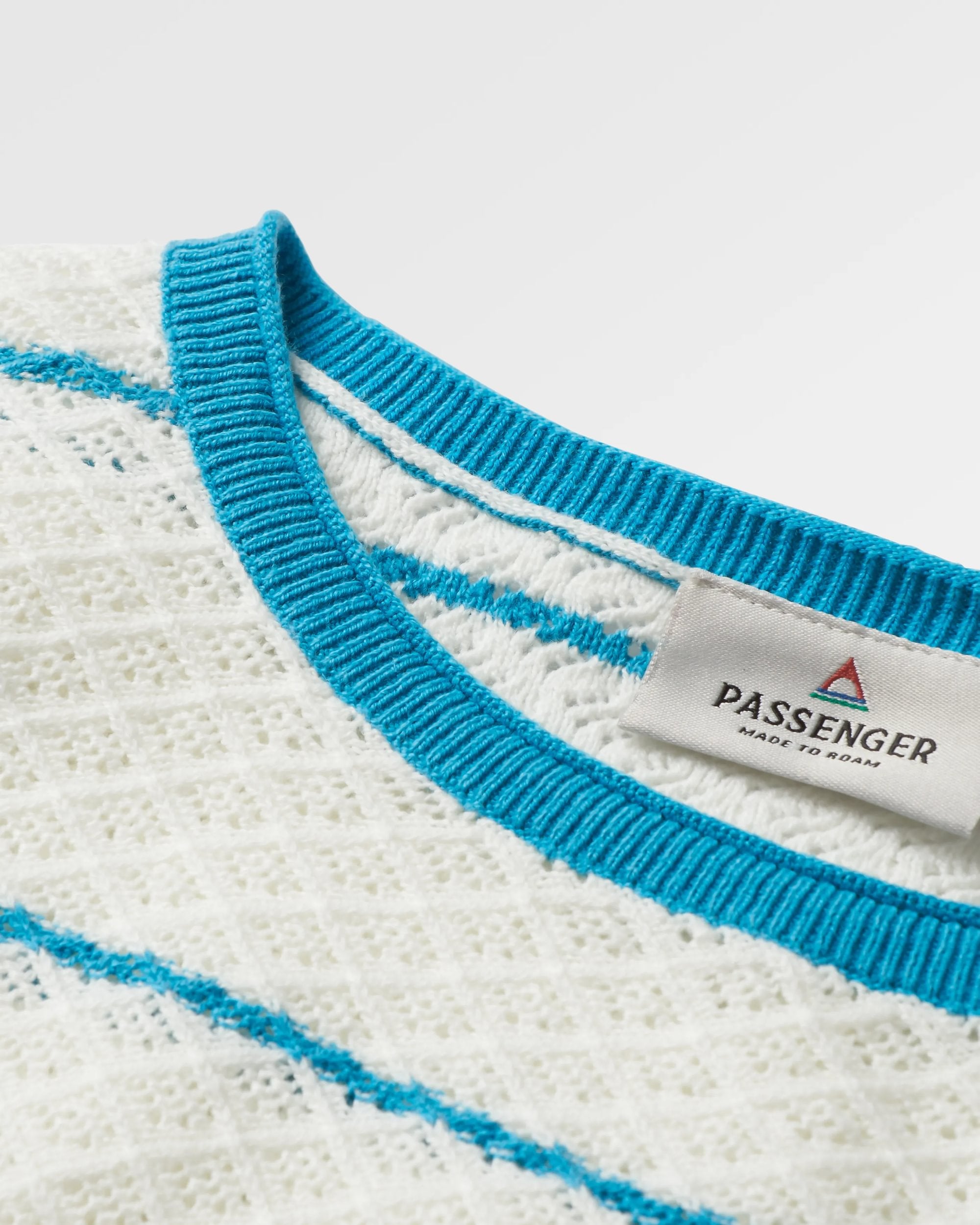 Migrate Organic Knitted Jumper - Blue Pool Stripe - Flatlay
