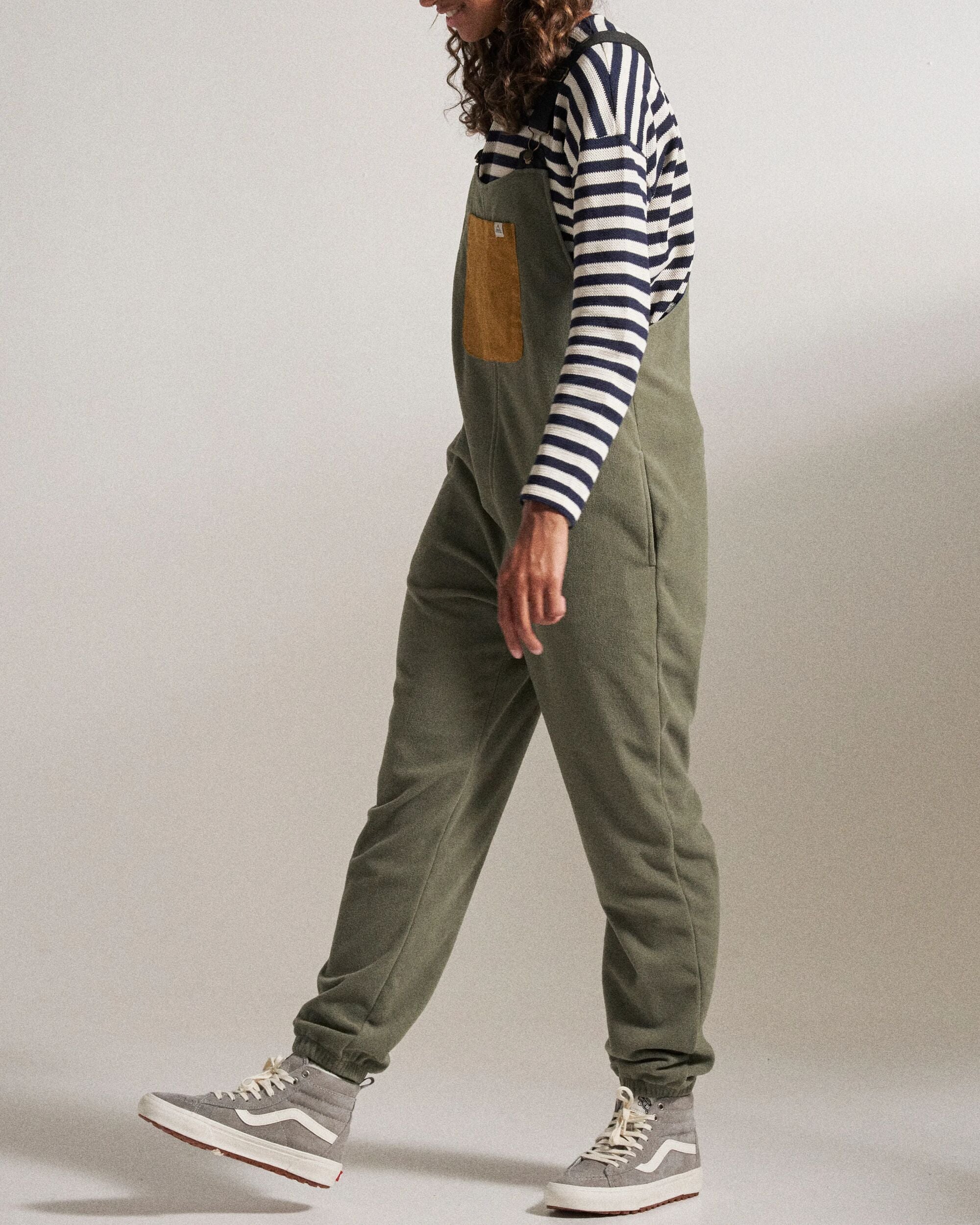 Ace Recycled Polar Fleece Dungarees - Dusty Olive - Studio Model