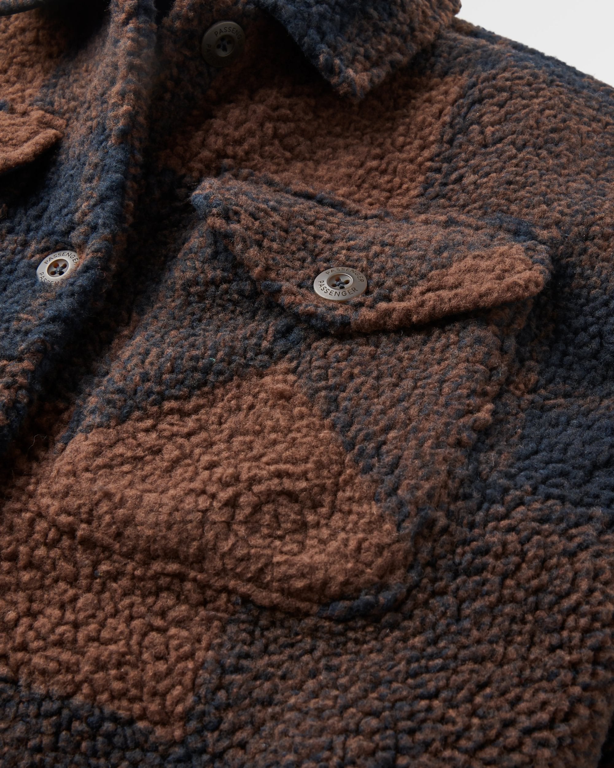 Cloudy Recycled Sherpa Fleece Shirt - Chestnut/Deep Navy Check - Flatlay