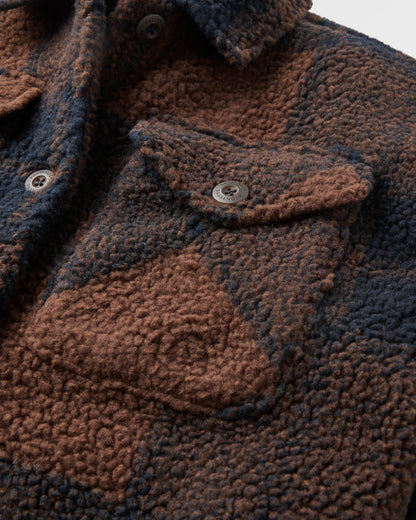 Cloudy Recycled Sherpa Fleece Shirt - Chestnut/Deep Navy Check - Flatlay