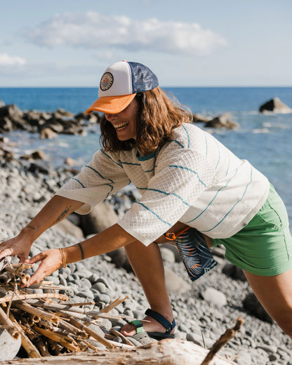 Migrate Organic Knitted Jumper - Blue Pool Stripe - Lifestyle