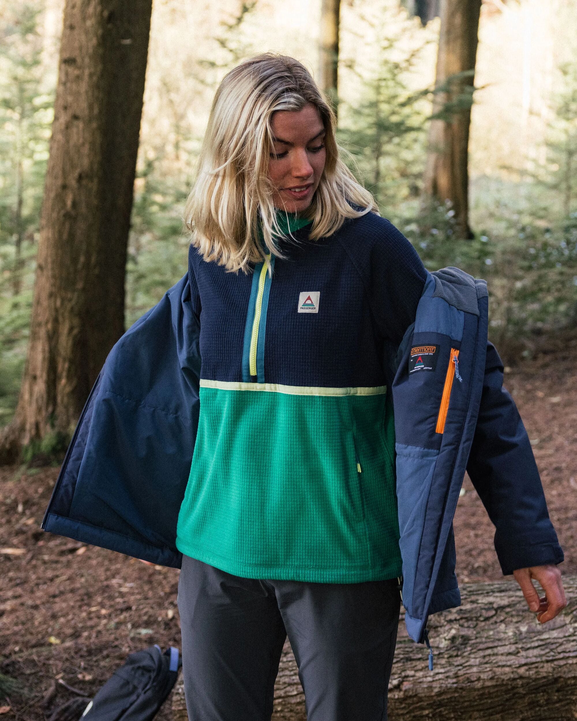 Off Trail Recycled Grid Polar Fleece - Rich Navy/Green Lake - Lifestyle