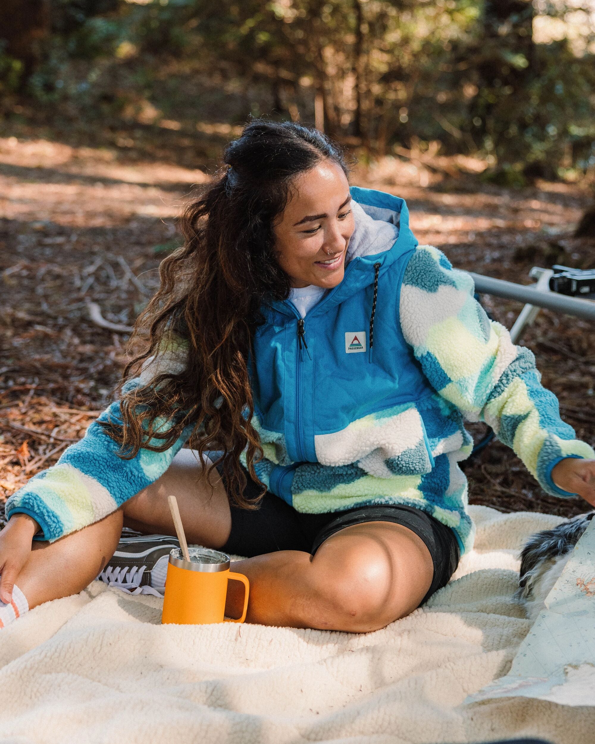 Sefton Recycled Deep-Pile Sherpa Full Zip Fleece - Vista Patchwork Aqua - Lifestyle