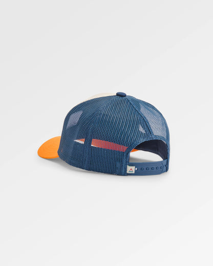 Outlook Organic Cotton Trucker Cap - Dark Denim/Bright Orange - Flatlay
